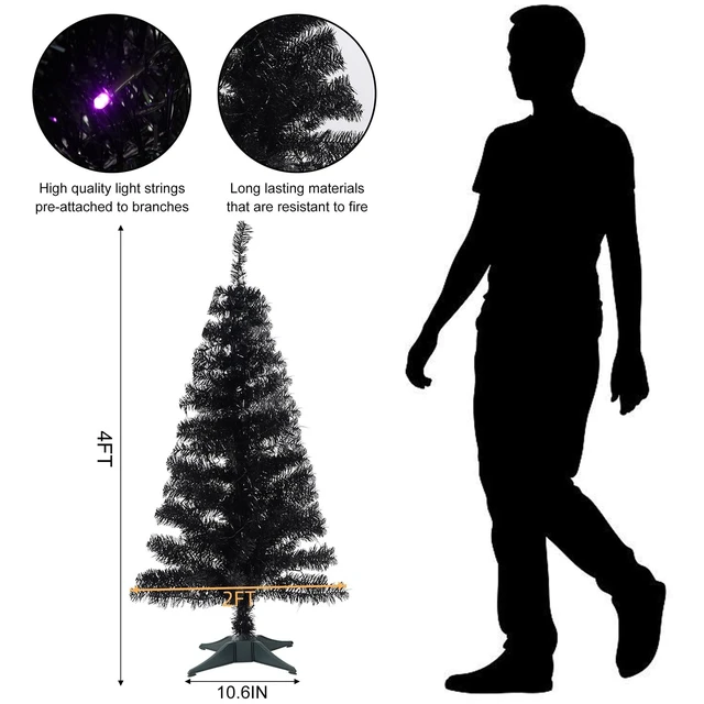 Alt view image 3 of 7 - Lighted Artificial Halloween Black Christmas Tree, 4FT Black Tinsel Pine Tree with 70 LED Purple Lights, 8 Modes & Timer for Home Party Decorations