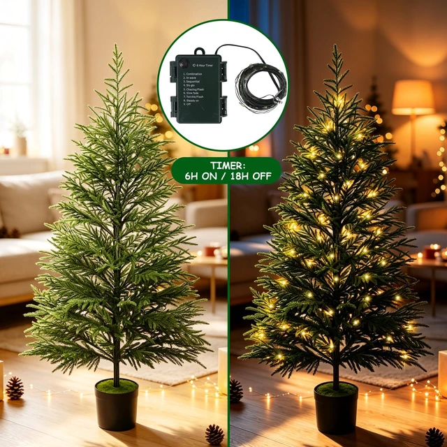 Alt view image 4 of 7 - 5FT Norfolk Pine Artificial Christmas Tree with Lights
Timer, 120 LEDs, Realistic Potted Trees, Lighted Xmas Tree, For Indoor Outdoor Front Porch Yard Bedroom
