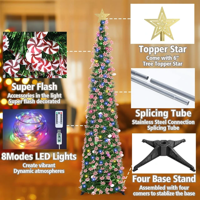 Alt view image 6 of 7 - 6 FT Pop Up Tinsel Christmas Tree with 100 Colored Timer Lights & Remote, Green Candy Collapsible Artificial Pencil Tree Xmas Decoration for Home, Office, Party, USB Powered, Easy Assembly