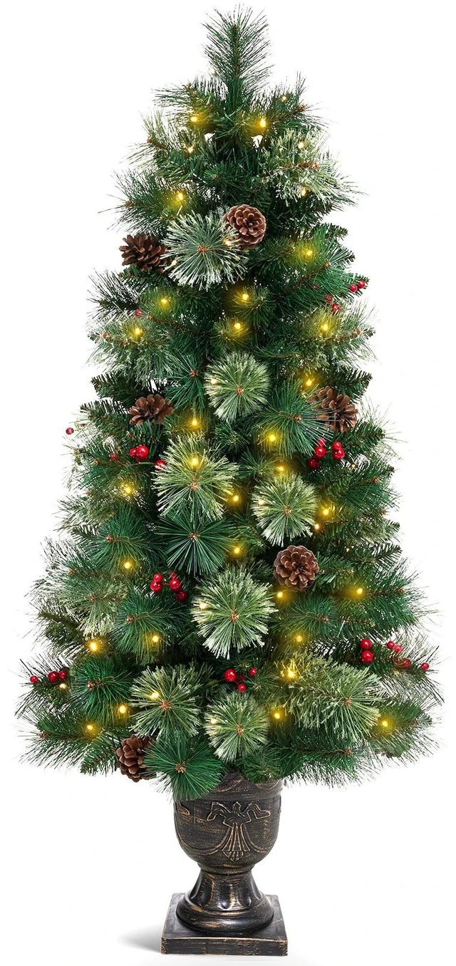 Main image of Flocked Christmas Tree for Entryways: 4ft with 70 Warm White LEDs
Pre-Lit Artificial Tree with Warm Glow 140 Tips 9 Pine Cones 9 Berries - Entryways Offices - Gold Pot & Flame-Resistant PVC