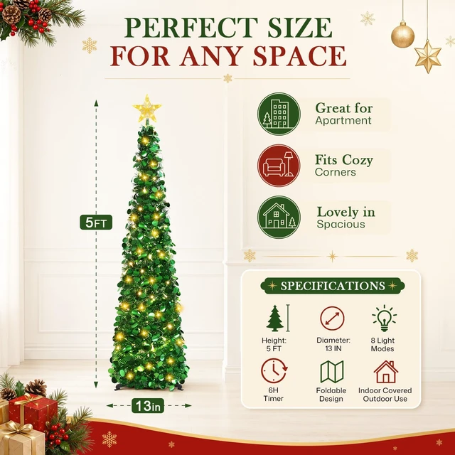 Alt view image 5 of 7 - 5FT Pop Up Christmas Tree with Lighted Top Star for Christmas Decorations
Collapsible Tinsel Pencil Tree with 2-Color Lighted Tree Topper Easy Assembly for Apartment Porch Corner Party XMAS Decor