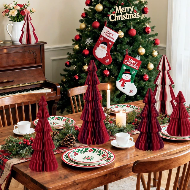 Alt view image 3 of 7 - 6 PCS Honeycomb Paper Christmas Tree Red White Paper Christmas Tree Decor 3D Honeycomb Trees Table Centerpiece Vintage Reusable Table Decor for Xmas Holiday Home Party Decorations