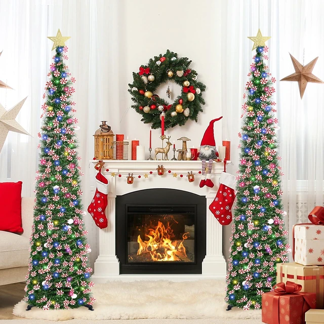 Alt view image 7 of 7 - 6 FT Pop Up Tinsel Christmas Tree with 100 Colored Timer Lights & Remote, Green Candy Collapsible Artificial Pencil Tree Xmas Decoration for Home, Office, Party, USB Powered, Easy Assembly