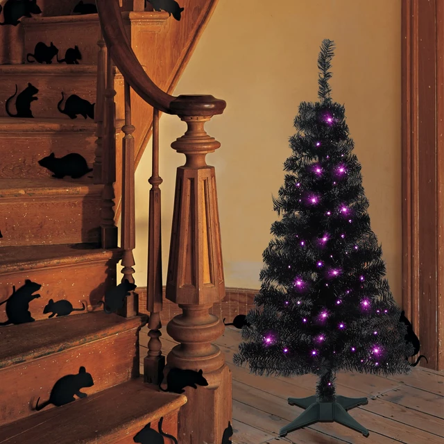 Alt view image 5 of 7 - Lighted Artificial Halloween Black Christmas Tree, 4FT Black Tinsel Pine Tree with 70 LED Purple Lights, 8 Modes & Timer for Home Party Decorations