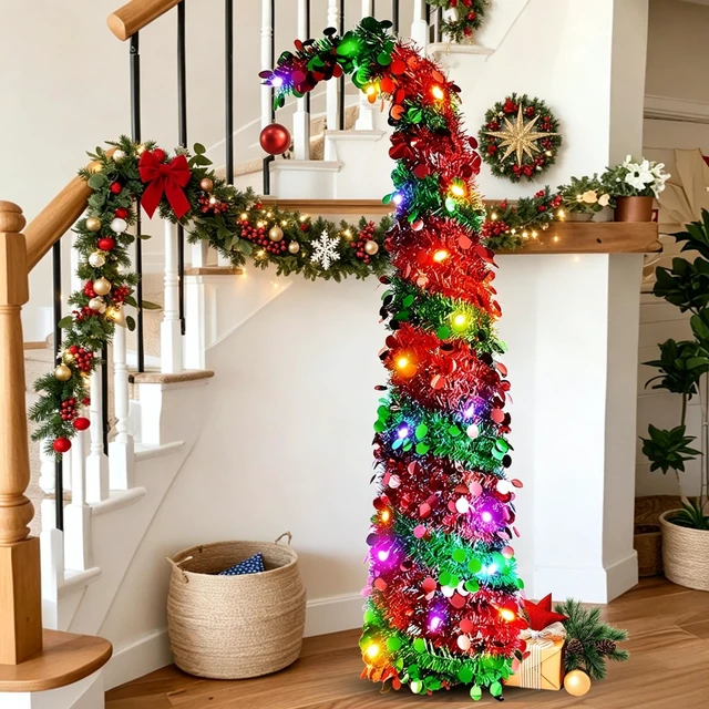 Alt view image 2 of 6 - 5ft Whimsical Christmas Tree with 50 LED Lights for Christmas Decorations
Pop-Up Curved Tinsel Pencil Tree, Red Ball, Foldable Twinkle Christmas Tree for Apartment Fireplace Porch Corner Xmas Decor