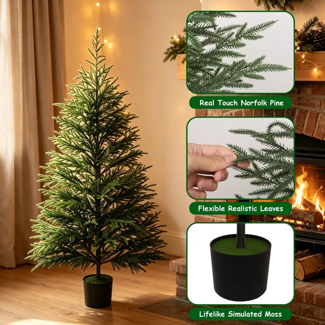 Alt view image 5 of 7 - 5FT Norfolk Pine Artificial Christmas Tree with Lights
Timer, 120 LEDs, Realistic Potted Trees, Lighted Xmas Tree, For Indoor Outdoor Front Porch Yard Bedroom