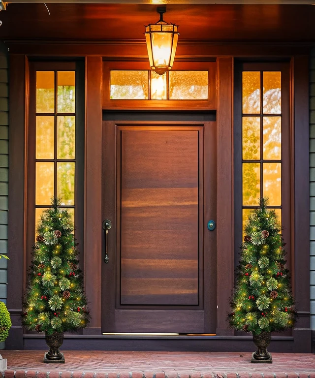 Alt view image 2 of 7 - Flocked Christmas Tree for Entryways: 4ft with 70 Warm White LEDs
Pre-Lit Artificial Tree with Warm Glow 140 Tips 9 Pine Cones 9 Berries - Entryways Offices - Gold Pot & Flame-Resistant PVC