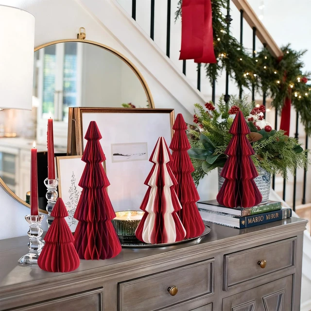 Alt view image 4 of 7 - 6 PCS Honeycomb Paper Christmas Tree Red White Paper Christmas Tree Decor 3D Honeycomb Trees Table Centerpiece Vintage Reusable Table Decor for Xmas Holiday Home Party Decorations