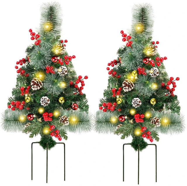 Main image of 2 Pack 30 Inch Pre-Lit Pathway Christmas Trees, Upgrade Artificial Xmas Urn Filler with 60 LED Lights, Red Berries and Pine Cones Ornaments, Battery Operated Holiday Décor for Driveway, Yard