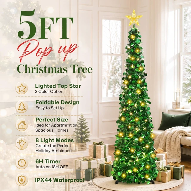 Alt view image 7 of 7 - 5FT Pop Up Christmas Tree with Lighted Top Star for Christmas Decorations
Collapsible Tinsel Pencil Tree with 2-Color Lighted Tree Topper Easy Assembly for Apartment Porch Corner Party XMAS Decor