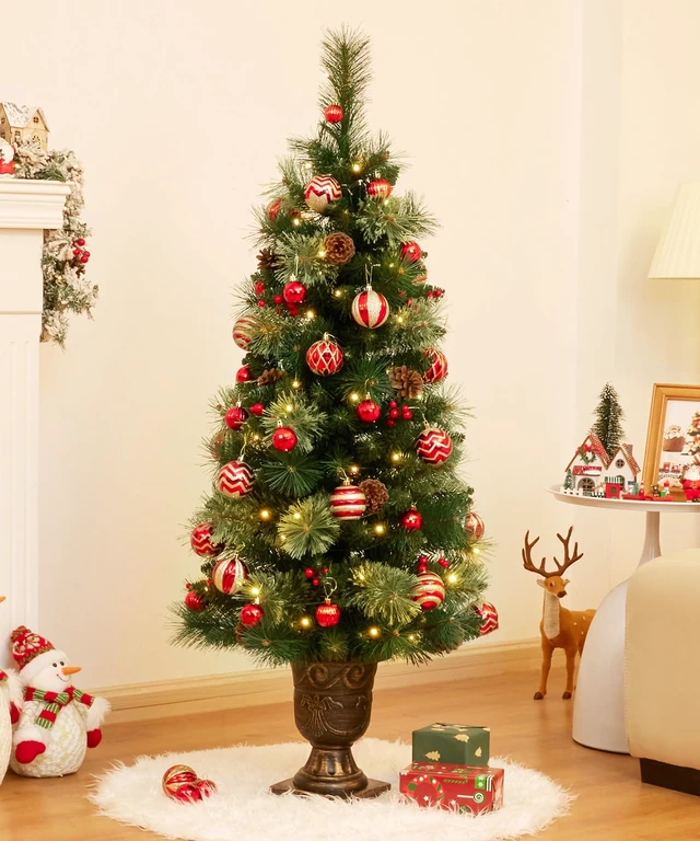 Alt view image 3 of 7 - Flocked Christmas Tree for Entryways: 4ft with 70 Warm White LEDs
Pre-Lit Artificial Tree with Warm Glow 140 Tips 9 Pine Cones 9 Berries - Entryways Offices - Gold Pot & Flame-Resistant PVC