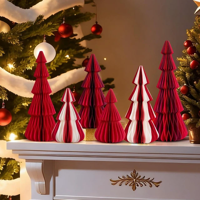 Alt view image 5 of 7 - 6 PCS Honeycomb Paper Christmas Tree Red White Paper Christmas Tree Decor 3D Honeycomb Trees Table Centerpiece Vintage Reusable Table Decor for Xmas Holiday Home Party Decorations