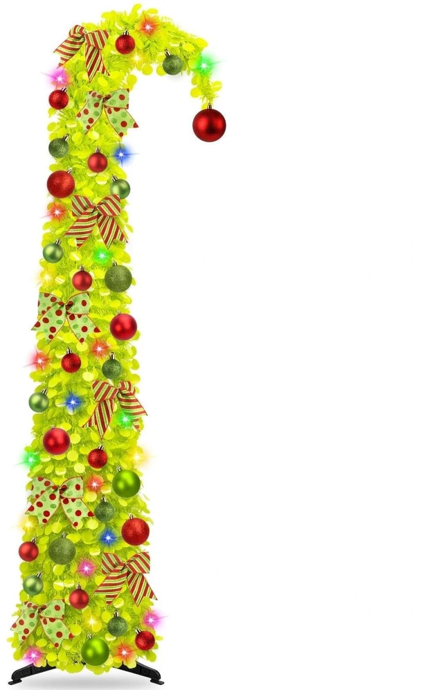 Main image of 6Ft Whimsical Pop Up Christmas Tree with Lights & Hanging Ornaments, Collapsible Tinsel Tree for Apartment Porch Office Indoor Home Party Holiday Decor