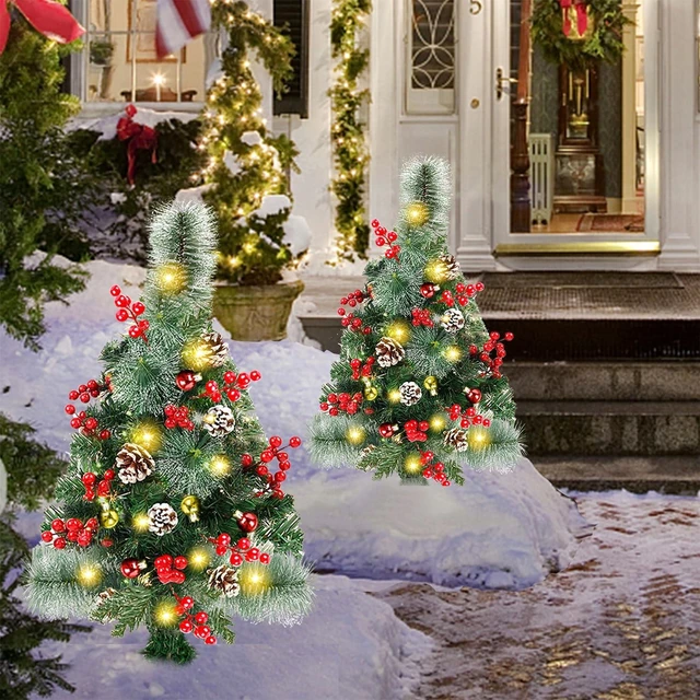 Alt view image 2 of 7 - 2 Pack 30 Inch Pre-Lit Pathway Christmas Trees, Upgrade Artificial Xmas Urn Filler with 60 LED Lights, Red Berries and Pine Cones Ornaments, Battery Operated Holiday Décor for Driveway, Yard