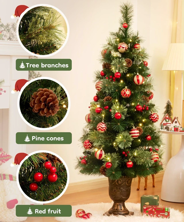 Alt view image 4 of 7 - Flocked Christmas Tree for Entryways: 4ft with 70 Warm White LEDs
Pre-Lit Artificial Tree with Warm Glow 140 Tips 9 Pine Cones 9 Berries - Entryways Offices - Gold Pot & Flame-Resistant PVC