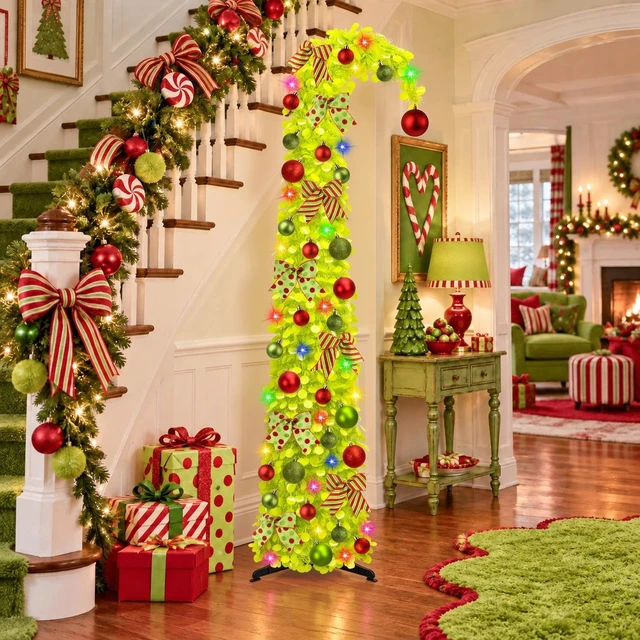 Alt view image 2 of 6 - 6Ft Whimsical Pop Up Christmas Tree with Lights & Hanging Ornaments, Collapsible Tinsel Tree for Apartment Porch Office Indoor Home Party Holiday Decor