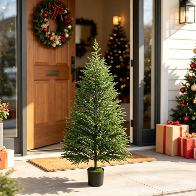 Alt view image 7 of 7 - 5FT Norfolk Pine Artificial Christmas Tree with Lights
Timer, 120 LEDs, Realistic Potted Trees, Lighted Xmas Tree, For Indoor Outdoor Front Porch Yard Bedroom