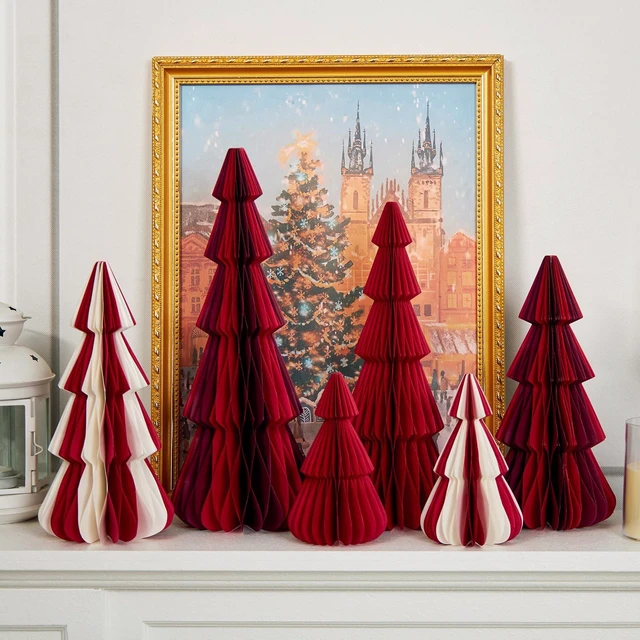 Alt view image 6 of 7 - 6 PCS Honeycomb Paper Christmas Tree Red White Paper Christmas Tree Decor 3D Honeycomb Trees Table Centerpiece Vintage Reusable Table Decor for Xmas Holiday Home Party Decorations