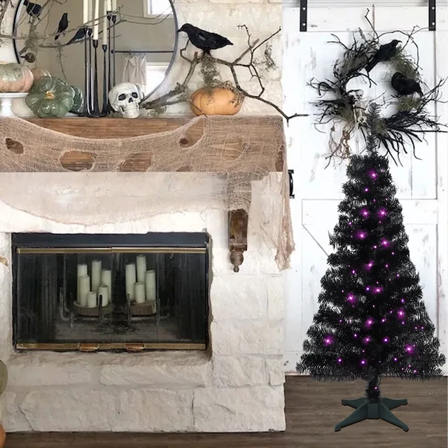 Alt view image 7 of 7 - Lighted Artificial Halloween Black Christmas Tree, 4FT Black Tinsel Pine Tree with 70 LED Purple Lights, 8 Modes & Timer for Home Party Decorations