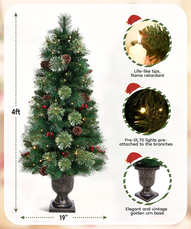 Alt view image 5 of 7 - Flocked Christmas Tree for Entryways: 4ft with 70 Warm White LEDs
Pre-Lit Artificial Tree with Warm Glow 140 Tips 9 Pine Cones 9 Berries - Entryways Offices - Gold Pot & Flame-Resistant PVC