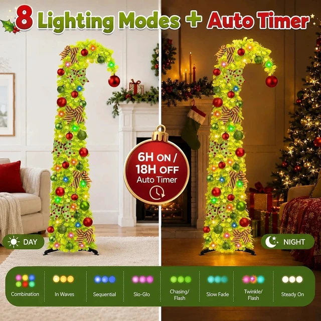 Alt view image 3 of 6 - 6Ft Whimsical Pop Up Christmas Tree with Lights & Hanging Ornaments, Collapsible Tinsel Tree for Apartment Porch Office Indoor Home Party Holiday Decor
