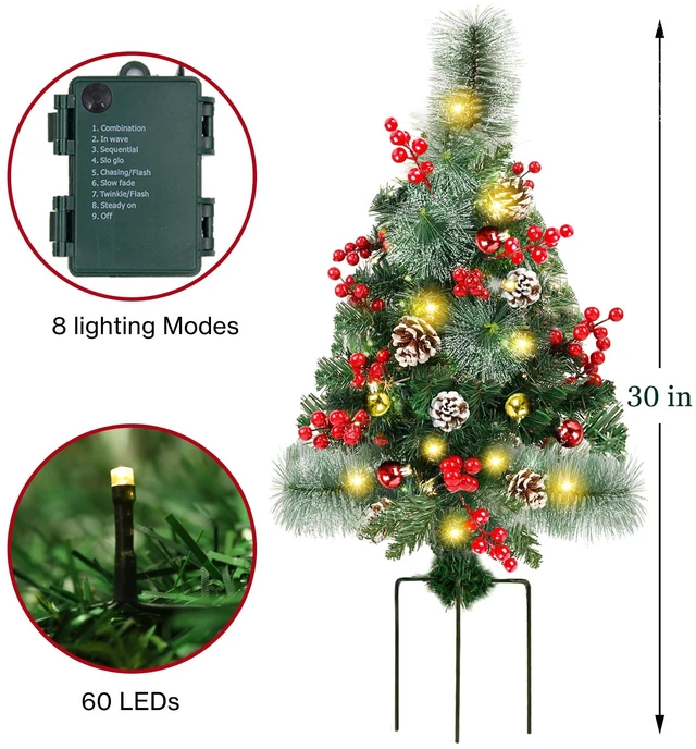 Alt view image 3 of 7 - 2 Pack 30 Inch Pre-Lit Pathway Christmas Trees, Upgrade Artificial Xmas Urn Filler with 60 LED Lights, Red Berries and Pine Cones Ornaments, Battery Operated Holiday Décor for Driveway, Yard