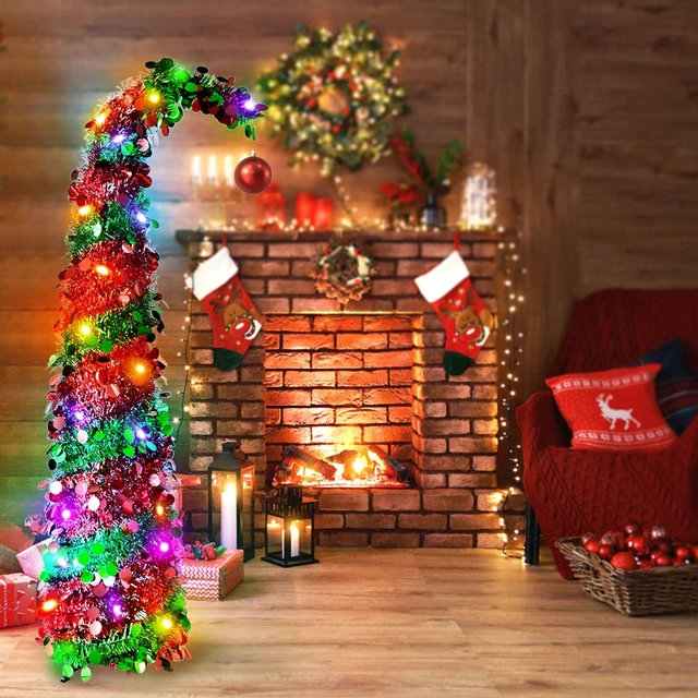 Alt view image 4 of 6 - 5ft Whimsical Christmas Tree with 50 LED Lights for Christmas Decorations
Pop-Up Curved Tinsel Pencil Tree, Red Ball, Foldable Twinkle Christmas Tree for Apartment Fireplace Porch Corner Xmas Decor