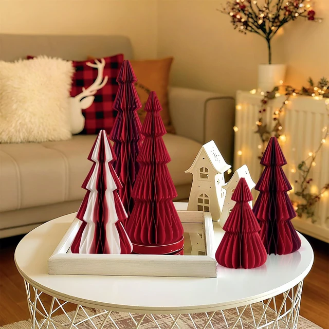 Alt view image 7 of 7 - 6 PCS Honeycomb Paper Christmas Tree Red White Paper Christmas Tree Decor 3D Honeycomb Trees Table Centerpiece Vintage Reusable Table Decor for Xmas Holiday Home Party Decorations