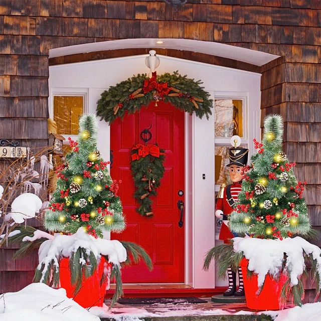 Alt view image 4 of 7 - 2 Pack 30 Inch Pre-Lit Pathway Christmas Trees, Upgrade Artificial Xmas Urn Filler with 60 LED Lights, Red Berries and Pine Cones Ornaments, Battery Operated Holiday Décor for Driveway, Yard