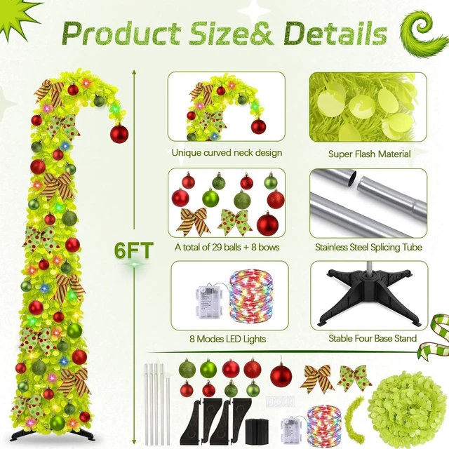 Alt view image 4 of 6 - 6Ft Whimsical Pop Up Christmas Tree with Lights & Hanging Ornaments, Collapsible Tinsel Tree for Apartment Porch Office Indoor Home Party Holiday Decor
