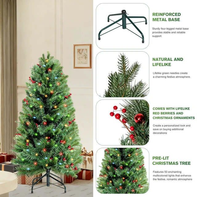 Alt view image 5 of 6 - 4FT Artificial Christmas Trees, Small Pre-Lit Artificial Christmas Tree
Lighted christmas tree,Premium Spruce Xmas Tree with 4-Prong Metal Base