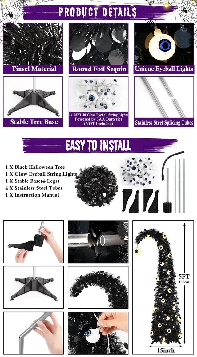 Alt view image 3 of 6 - Black Halloween Tree with Eyeball String Lights for Christmas Decorations
5FT Whimsical Curved Pop Up Tree with 30 Warm White Eyeball Lights 6H Timer Foldable Design for Apartment Porch XMAS Decor
Vis