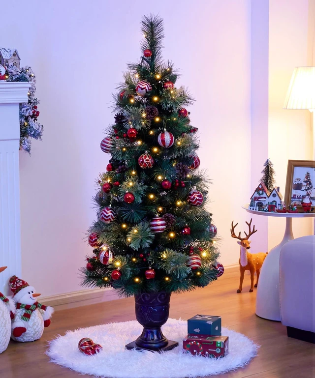Alt view image 6 of 7 - Flocked Christmas Tree for Entryways: 4ft with 70 Warm White LEDs
Pre-Lit Artificial Tree with Warm Glow 140 Tips 9 Pine Cones 9 Berries - Entryways Offices - Gold Pot & Flame-Resistant PVC
