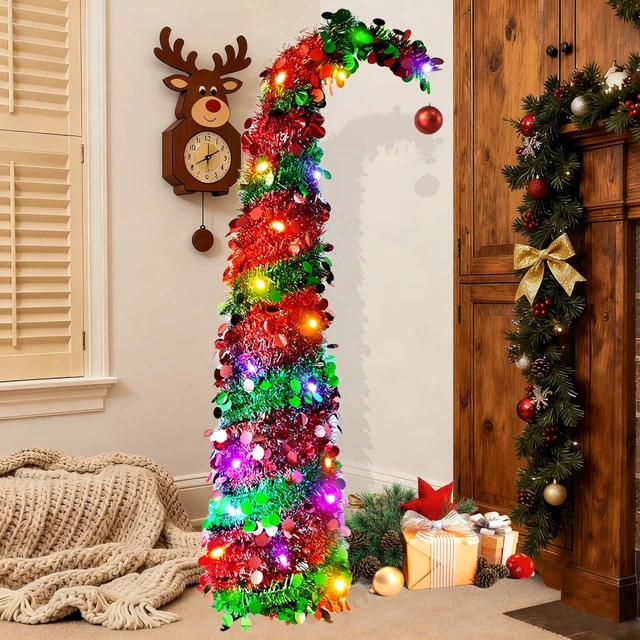 Alt view image 6 of 6 - 5ft Whimsical Christmas Tree with 50 LED Lights for Christmas Decorations
Pop-Up Curved Tinsel Pencil Tree, Red Ball, Foldable Twinkle Christmas Tree for Apartment Fireplace Porch Corner Xmas Decor