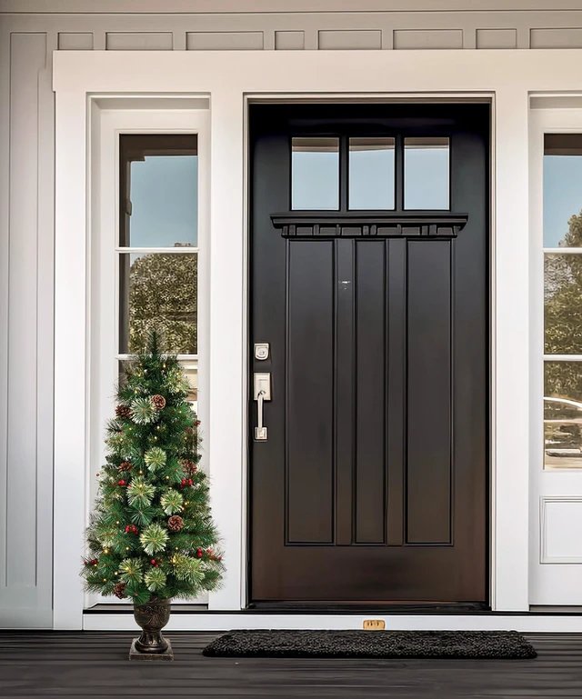 Alt view image 7 of 7 - Flocked Christmas Tree for Entryways: 4ft with 70 Warm White LEDs
Pre-Lit Artificial Tree with Warm Glow 140 Tips 9 Pine Cones 9 Berries - Entryways Offices - Gold Pot & Flame-Resistant PVC
