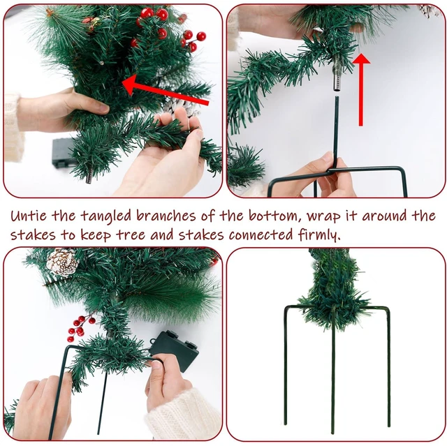 Alt view image 5 of 7 - 2 Pack 30 Inch Pre-Lit Pathway Christmas Trees, Upgrade Artificial Xmas Urn Filler with 60 LED Lights, Red Berries and Pine Cones Ornaments, Battery Operated Holiday Décor for Driveway, Yard