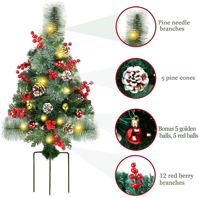 Alt view image 6 of 7 - 2 Pack 30 Inch Pre-Lit Pathway Christmas Trees, Upgrade Artificial Xmas Urn Filler with 60 LED Lights, Red Berries and Pine Cones Ornaments, Battery Operated Holiday Décor for Driveway, Yard