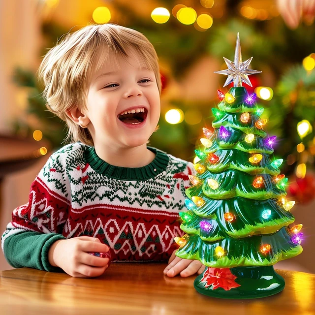 Alt view image 2 of 7 - 13 Inch Ceramic Christmas Tree, Pre-lit Tabletop Christmas Tree with Multicolored LED Lights, Battery Operated Vintage Lighted Ceramic Tree for Home Office Table Holiday Decorations, Green