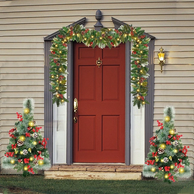 Alt view image 7 of 7 - 2 Pack 30 Inch Pre-Lit Pathway Christmas Trees, Upgrade Artificial Xmas Urn Filler with 60 LED Lights, Red Berries and Pine Cones Ornaments, Battery Operated Holiday Décor for Driveway, Yard