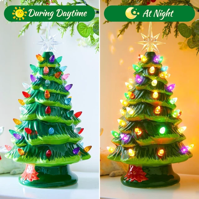 Alt view image 3 of 7 - 13 Inch Ceramic Christmas Tree, Pre-lit Tabletop Christmas Tree with Multicolored LED Lights, Battery Operated Vintage Lighted Ceramic Tree for Home Office Table Holiday Decorations, Green