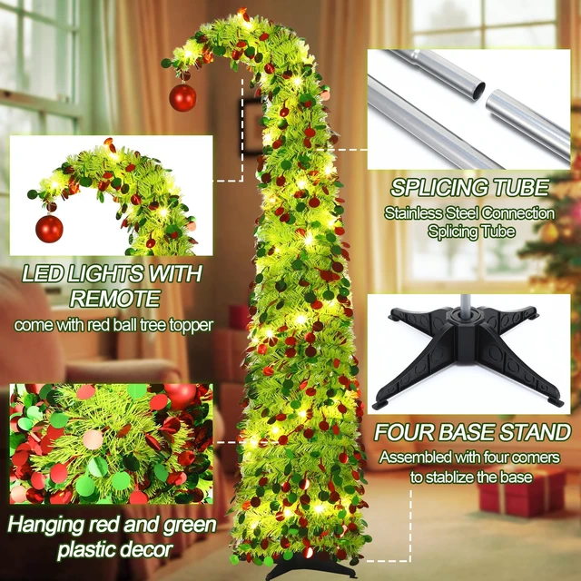 Alt view image 2 of 6 - 5 ft Whimsical Christmas Tree with 50 LED Lights Tinsel Green
Curved Pop up Tree, Plastic Tinsel Sparkles with Leds, for Apartment Fireplace Porch Corner Xmas Decor