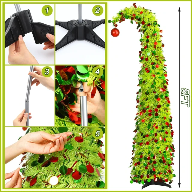Alt view image 3 of 6 - 5 ft Whimsical Christmas Tree with 50 LED Lights Tinsel Green
Curved Pop up Tree, Plastic Tinsel Sparkles with Leds, for Apartment Fireplace Porch Corner Xmas Decor