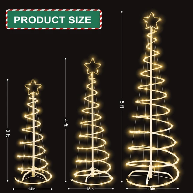 Alt view image 2 of 7 - 3 Packs Christmas Spiral Tree with Lights, 3/4/5 FT Lighted Xmas Collapsible Tree with Metal Stakes for Indoor & Outdoor, Yard, Porch, Garden H