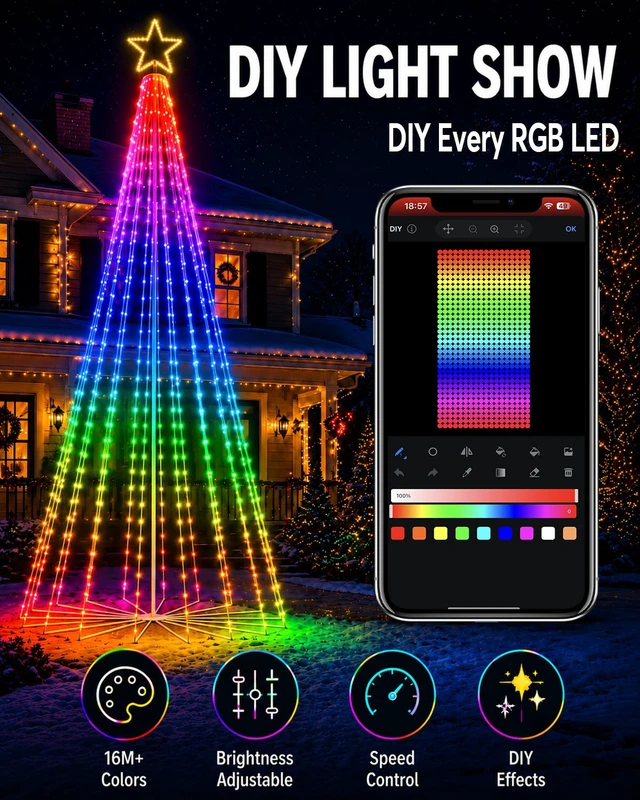 Alt view image 3 of 7 - 12FT Outdoor Christmas Tree with Lights, DIY Light Show LED Christmas Tree
Fully DIY, One-Tap Preset Scenes, Music Sync, Smart Timer, App and Remote Control for Yard Holiday Xmas Decor