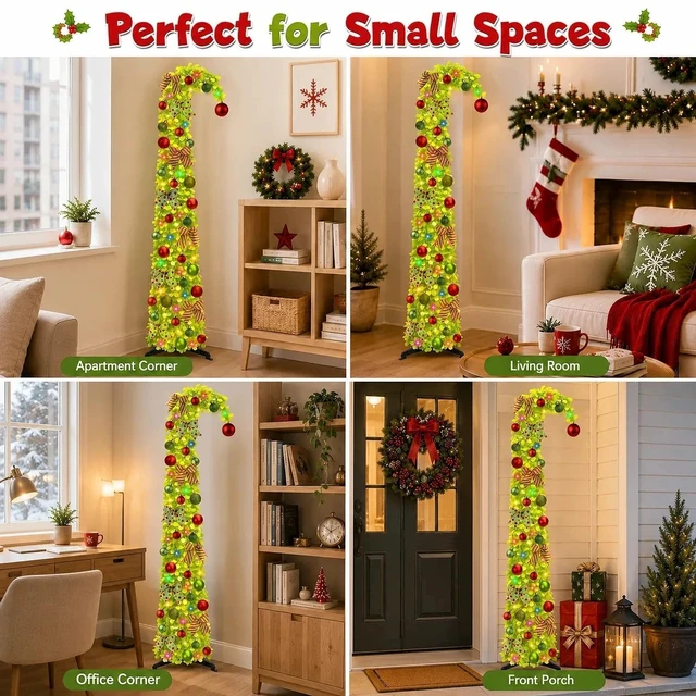 Alt view image 6 of 6 - 6Ft Whimsical Pop Up Christmas Tree with Lights & Hanging Ornaments, Collapsible Tinsel Tree for Apartment Porch Office Indoor Home Party Holiday Decor