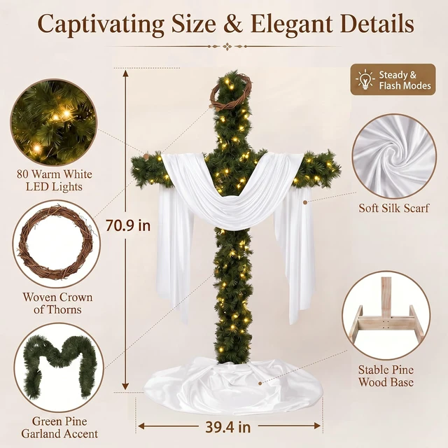 Alt view image 2 of 6 - 6FT Cross Christmas Tree with LED Lights, Outdoor Christmas Christian Decor
with garland white draped cloth and crown of thorns for front porches yards patios church entrances nativity displays outdoo