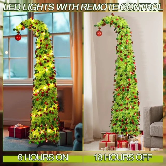 Alt view image 4 of 6 - 5 ft Whimsical Christmas Tree with 50 LED Lights Tinsel Green
Curved Pop up Tree, Plastic Tinsel Sparkles with Leds, for Apartment Fireplace Porch Corner Xmas Decor