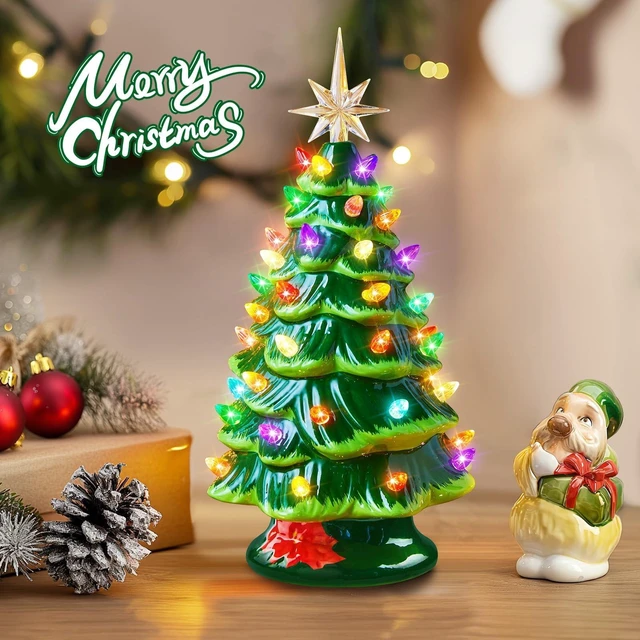 Alt view image 5 of 7 - 13 Inch Ceramic Christmas Tree, Pre-lit Tabletop Christmas Tree with Multicolored LED Lights, Battery Operated Vintage Lighted Ceramic Tree for Home Office Table Holiday Decorations, Green