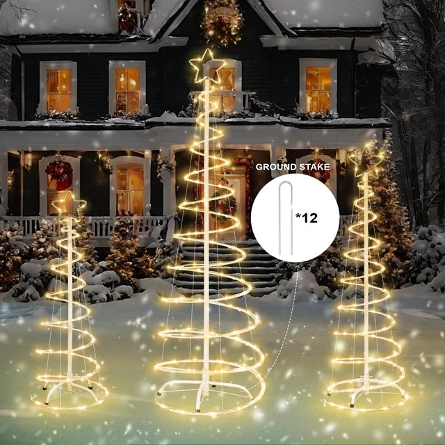 Alt view image 3 of 7 - 3 Packs Christmas Spiral Tree with Lights, 3/4/5 FT Lighted Xmas Collapsible Tree with Metal Stakes for Indoor & Outdoor, Yard, Porch, Garden H