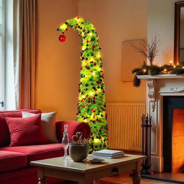 Alt view image 5 of 6 - 5 ft Whimsical Christmas Tree with 50 LED Lights Tinsel Green
Curved Pop up Tree, Plastic Tinsel Sparkles with Leds, for Apartment Fireplace Porch Corner Xmas Decor